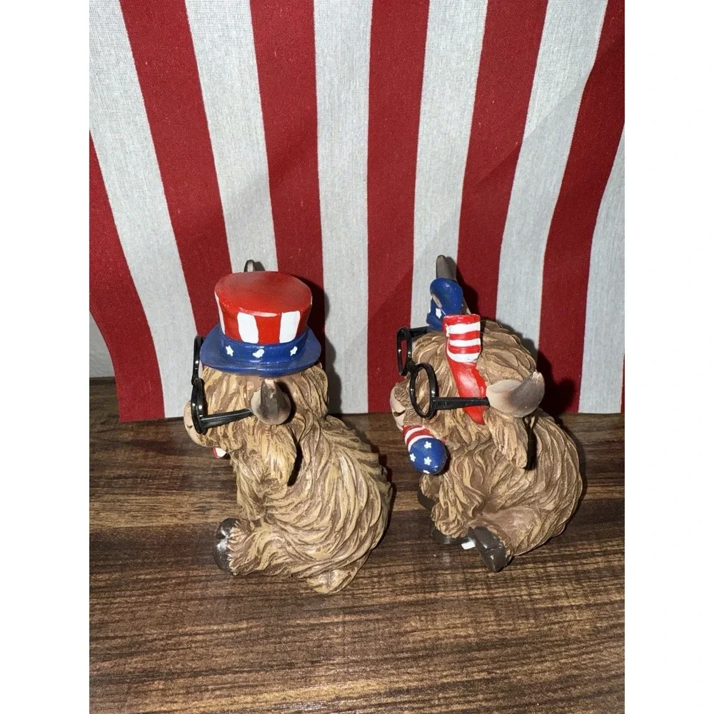 Patriotic Highland Cow Figurine Set‎ 4th Of July Bow Flag Fireworks Glasses New